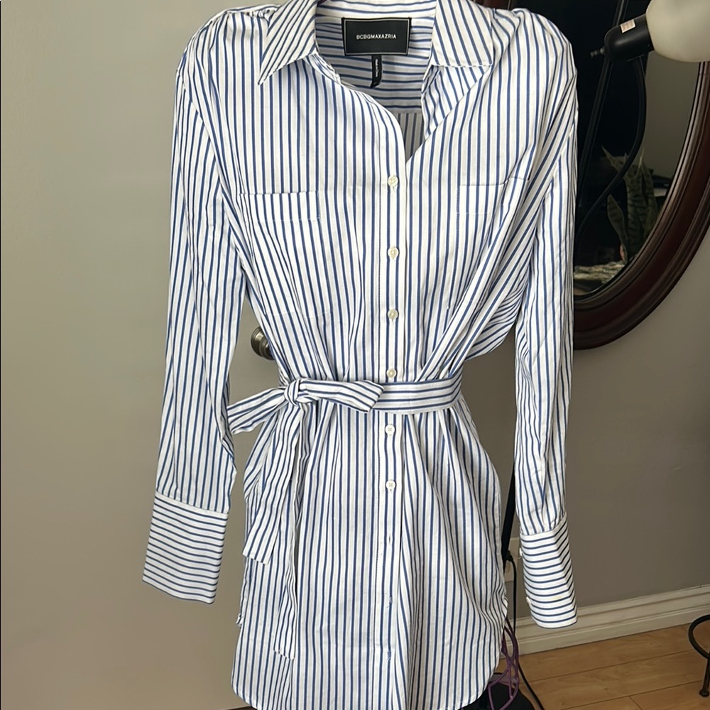 BCBGMaxAzria Blue and White Striped Long Sleeve Dress